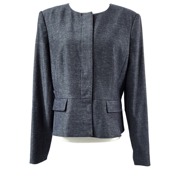 Calvin Klein Blue Collarless Hidden Button Peplum Hem Blazer With Linen Preppy - Picture 1 of 12